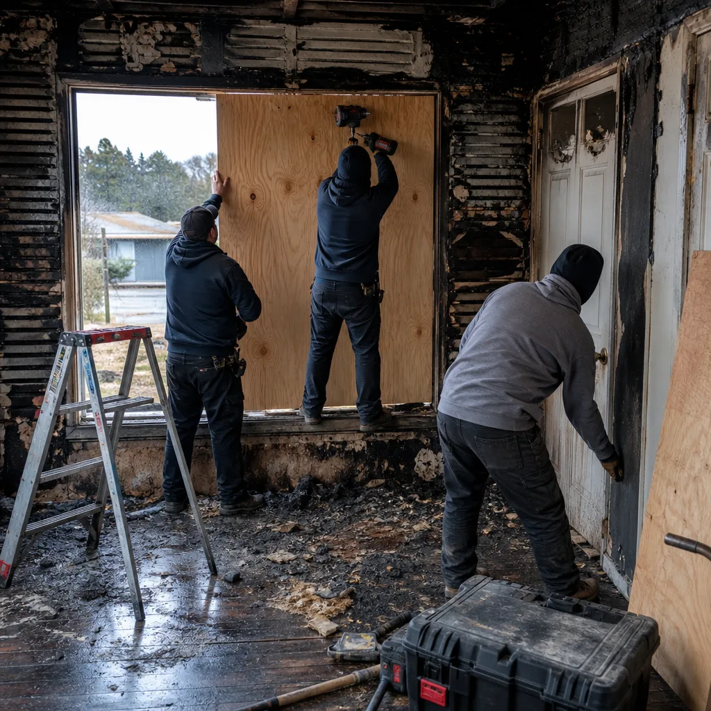 Workers performing professional fire and smoke damage restoration services.
