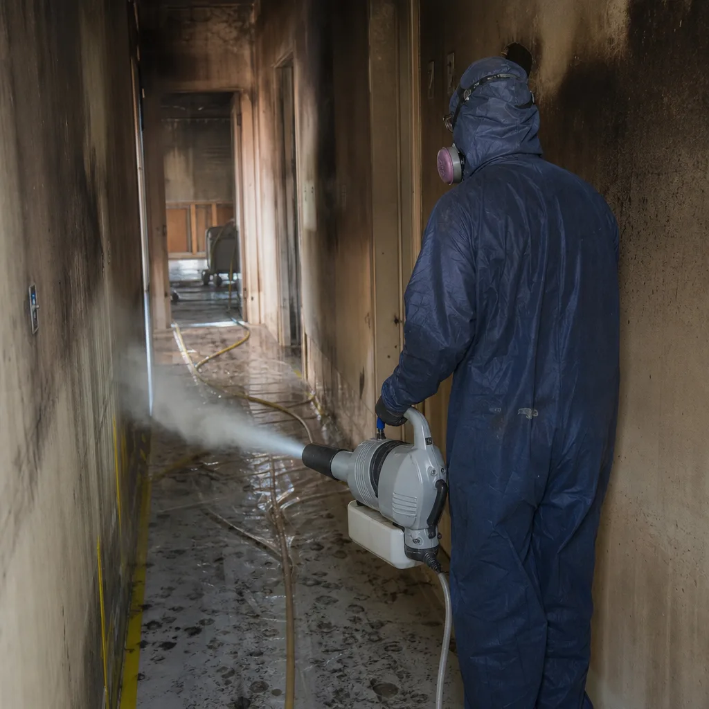 Technician performing fire and smoke damage restoration in a residential hallway.