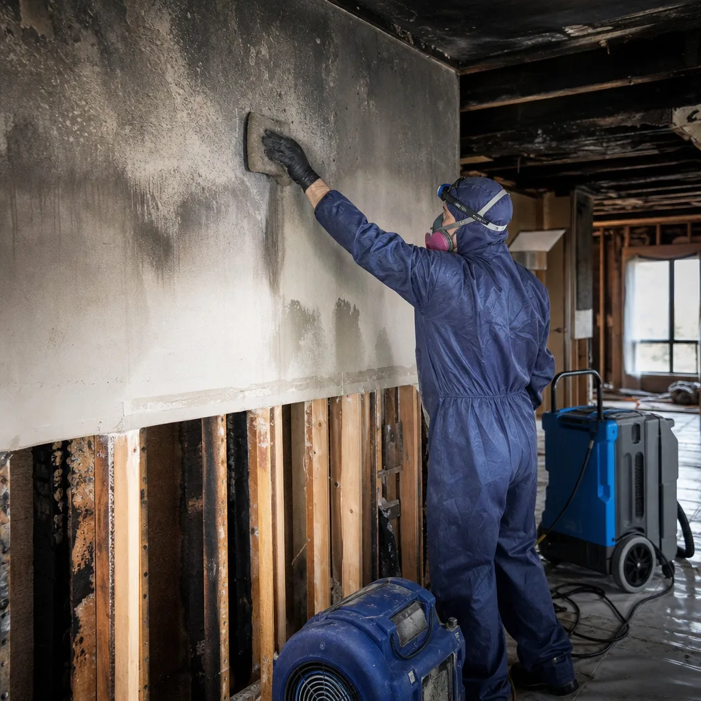 Professional fire and smoke damage restoration technician cleaning soot from wall