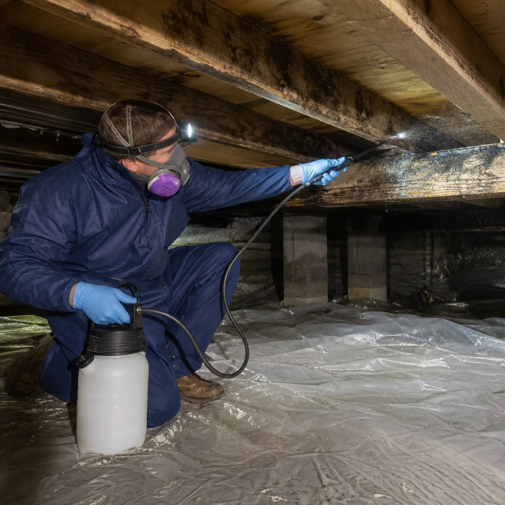 Technician in protective gear performing professional mold remediation on wooden joists.