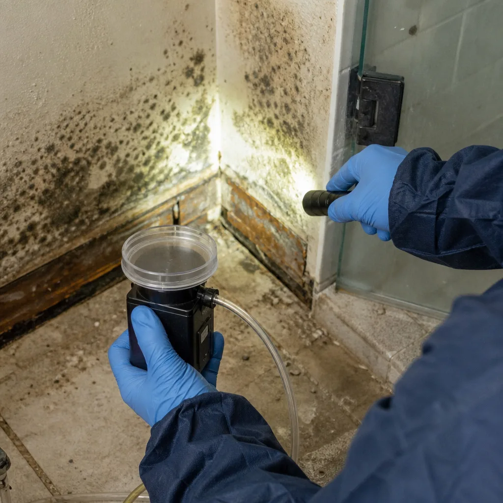 Technician performing professional mold remediation and air quality testing in bathroom