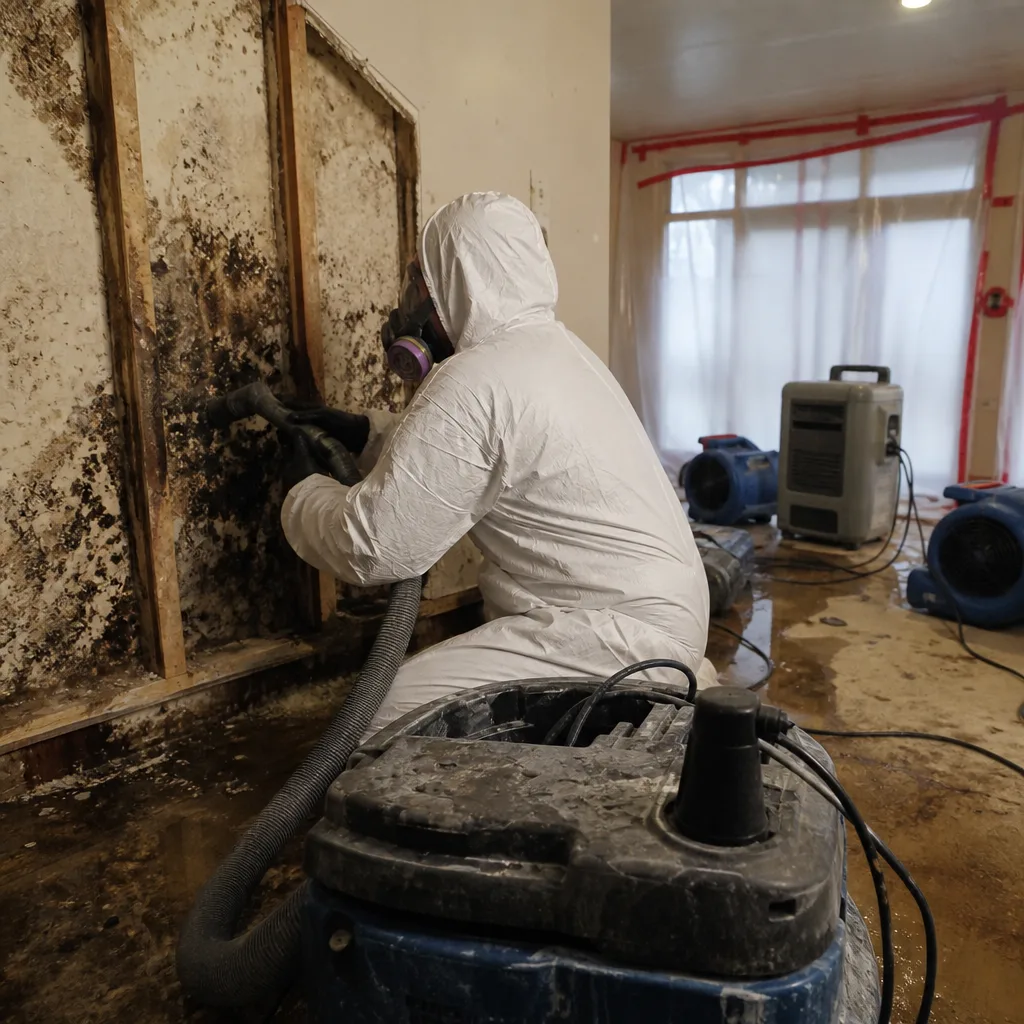 Technician in protective suit performing mold remediation on a damaged wall