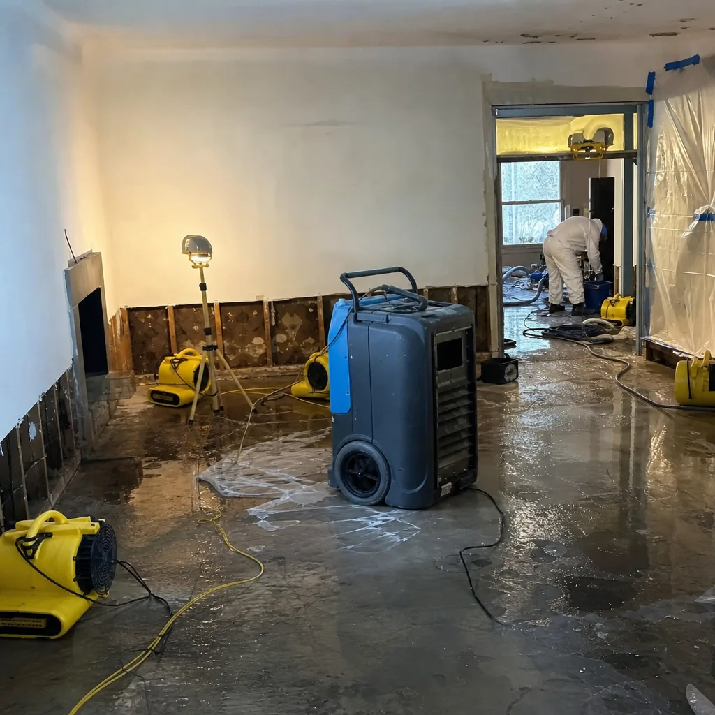 Water damage restoration services with professional drying equipment in a residential room