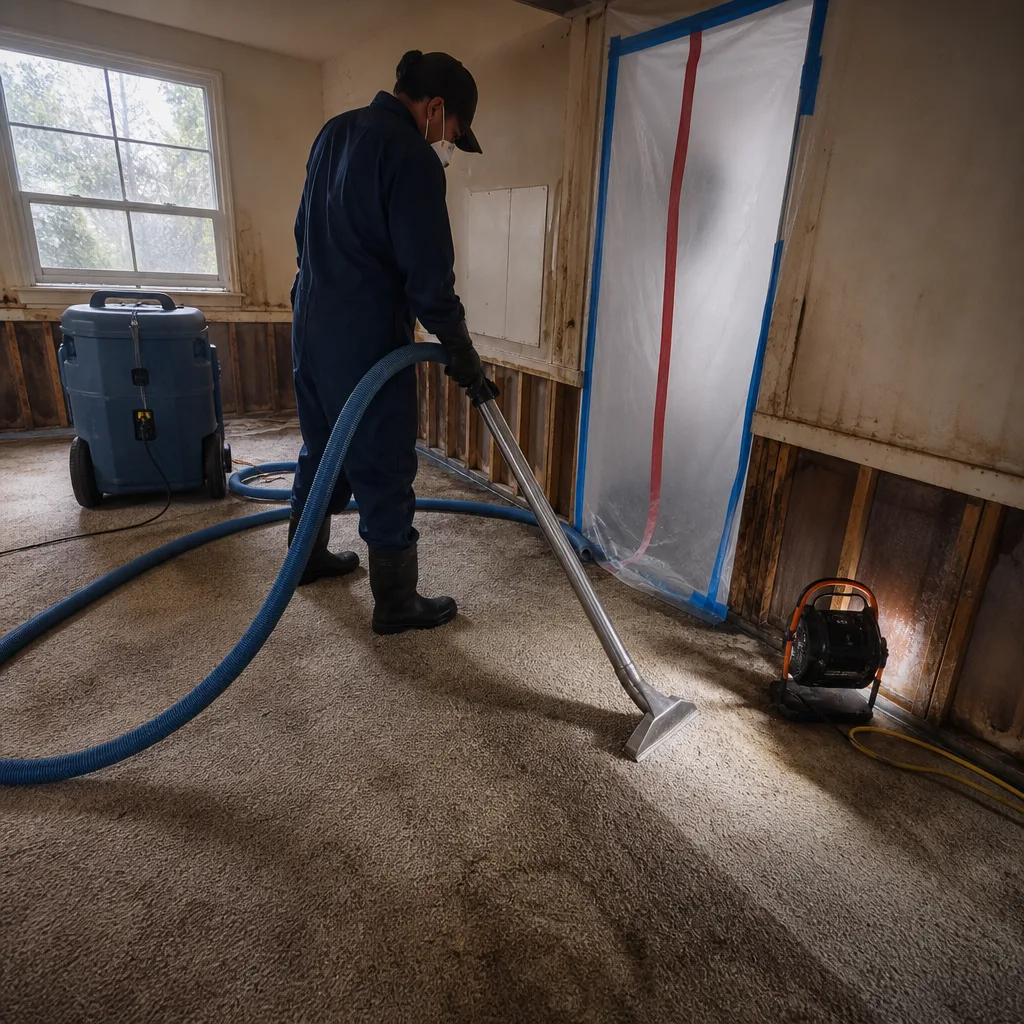 Water damage restoration professional using carpet extraction tool in a room